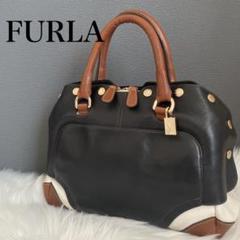 FURLA フルラ レザー ハンドバッグ 黒/茶色/クリーム 金ボタン