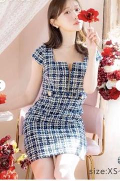 キャバドレス　ブルー　ツイード　菅野結以　フロントジップ　グロッシードレス