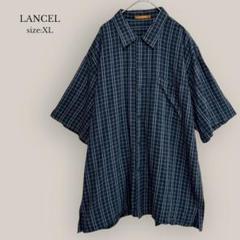 【LANCEL】5分袖チェックシャツ　大きいサイズ　メンズ　ネイビー　綿100%