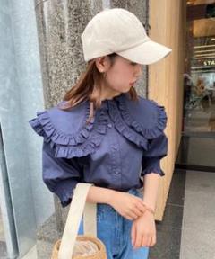 NICE CLAUP ナイス ブラウス ビック衿 ネイビー 推しうけ半袖ブラウス