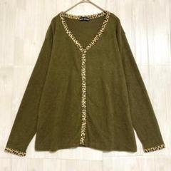 フェスタルバンケット　Vネックヒョウ柄パイピングカーディガン　カーキ　LL