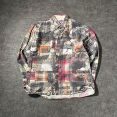 チェック柄　花柄　総柄シャツ　コットン　カジュアル　グレー　古着　ZBS2