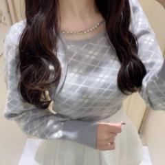 evelyn チェックネックレスニット ブルー エブリン evelyn チェックネックレスニット エブリン ニット トップス BU