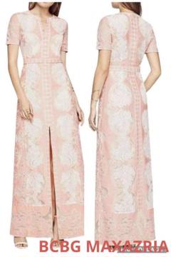 BCBGMAXAZRIA ロングドレス★ピンク★半袖レース★サイズ0★メッシュ
