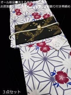 オール新品■洗える単衣，麻の葉×撫子花模様大人浴衣，着物，帯，飾り留め３点セット
