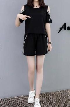 肩見せセットアップジャージ ブラック春服夏服トレンド韓国オルチャン送料無料