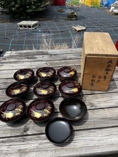 輪島塗　吸物椀　大正　木箱 塗師 清斎 輪島塗 天然木 透き漆沈金松葉文 吸物椀 5客 共箱付