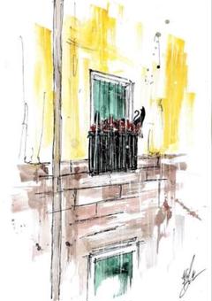 原画#3924 黒猫 雨 ベネチア イタリア 水彩画 ドローイング