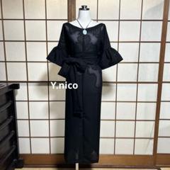 LL 着物リメイク 新品反物正絹 絽 黒無地 フリル袖ゆったり