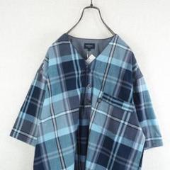 G9247*極美品☆NEWYORKER☆チェック柄☆ノーカラー☆シャツ☆紺 水色