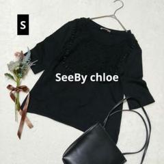 g15ꕤシーバイクロエ 花柄刺繍レース五分袖カットソー【S】黒 大人上品