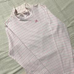 ●アディダスゴルフ●モックネックシャツ ホワイト ピンク M ボーダーストレッチ