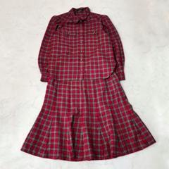 Leilian チェック柄 セットアップ パフスリーブ ブラウス×スカート 赤
