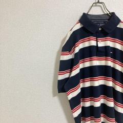 【ロゴ刺繍】トミーヒルフィガー　半袖ポロシャツ　ボーダー　紺赤白　XL