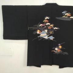 正絹 黒羽織 花柄刺繍 金糸羽織 しつけ付 絵羽コート 道中着 塵