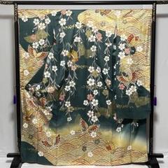 D414 振袖　枝垂れ桜　蝶　荒波　金駒刺繍　緑　正絹　着物　袷　極美品 D414 振袖 枝垂れ桜 蝶 荒波 金駒刺繍 緑 正絹 着物 袷 極美品