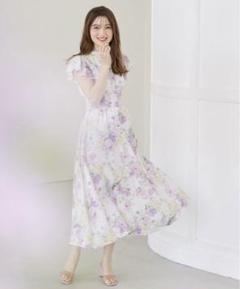 即購入OK ウエストシャーリングスキッパーフラワープリントワンピース　ラベンダー 即購入OK ウエストシャーリングスキッパーフラワープリント