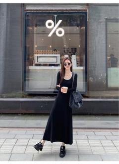 大人気❤️春のお出かけニットロングワンピースコントラストカラーUネック長袖