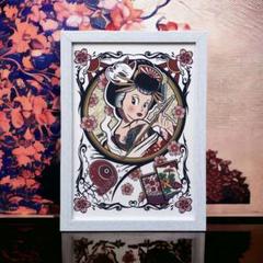 花魁 花札 花見 和彫り 鳳凰 オリジナル イラスト A4サイズ 白色 フレーム