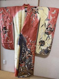 和】15924o 振袖金彩流水に芝と蝶文様着物