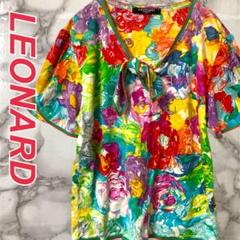 レオナール LEONARD 花柄コットンカットソー M ボウタイ 半袖トップス