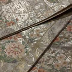 ヴィンテージ　金糸花柄　袋帯　着物　プラチナ　レトロ