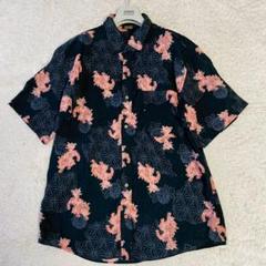 希少サイズ　美品　アロハシャツ　唐獅子図　総柄　桜ボタン　黒