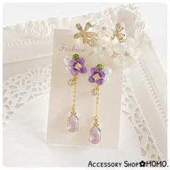 パープルビジュー.紫陽花♡A級ガラスストーン♡ハンドメイドピアスorイヤリング♡