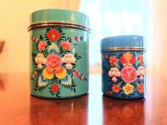 ハンドペイント／花柄金属製収納容器2個セット