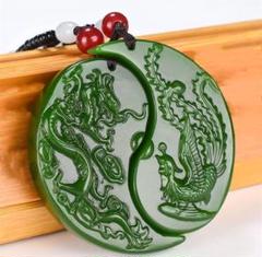 【極稀品】本翡翠　龍神　鳳凰　ペア　ネック・ペンダント　トップ＋紐付き☆強浄化☆