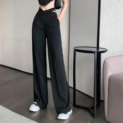 ブラック 足長 ハイウエスト カジュアル ロング パンツ シンプル XL タック
