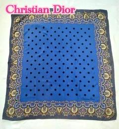 Christian Dior シルク 大判スカーフ ブルー系ドット ペイズリー