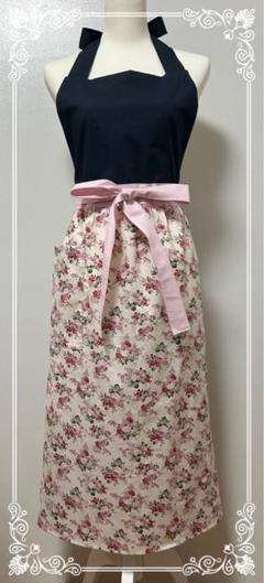 ハンドメイド　ピンク花柄エプロン　ロング