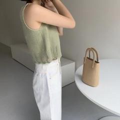 M ベスト レディース 韓国 グリーン Vネック 清楚 ビスチェ