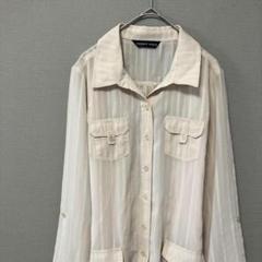 ペニージュール　シアーブラウス(L L)ベージュ袖ロールアップストライプリボン付