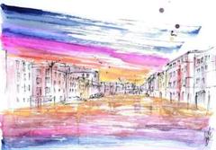 原画#3237 雨　ベネチア　イタリア　水彩画　ドローイング　インテリア　風景画 原画#3237 雨 ベネチア イタリア 水彩画 ドローイング