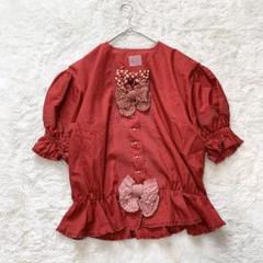 ケティ　春夏　半袖　立体　リボン　フリル　ペプラム　ドット　ブラウス　レッド