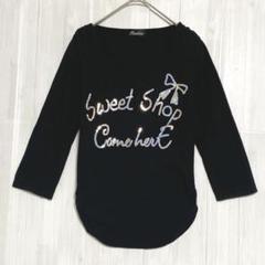 Pendora ラウンドネック スパンコールロゴ カットソー　黒