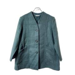 新品 ノーカラージャケット L ダークグリーン ウール混 上品 カジュアル