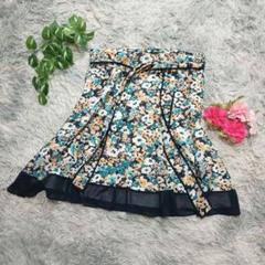 【組曲】花柄 フレアスカート (7) ネイビー系 春夏 裏地付 上品 清楚 美品