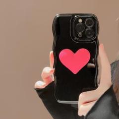 可愛い iPhone15カバー 韓国 ブラック スマホケース ハート