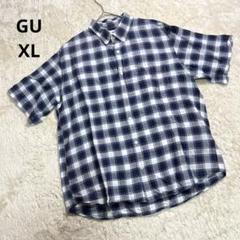 a2401【ジーユー】麻 綿 チェック ボタンダウンシャツ 半袖シャツ XL
