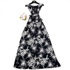 ★新品級　ローラアシュレイ　マキシ丈カシュクールワンピース　花❤︎伸縮❤︎黒　M L
