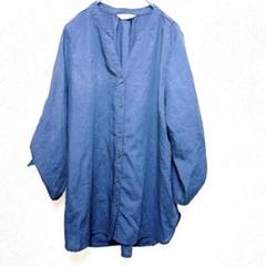 ブラウス【M】シャツ Vネック 袖リボン ブルー 薄手 ボタン 美品