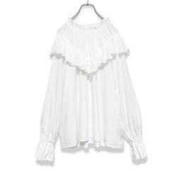 美品 グレディブリリアン 合繊Vギャザーヨークブラウス フリル オフホワイト