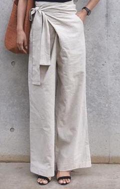リネン混ラップワイドパンツ ベージュ ベルト リボン