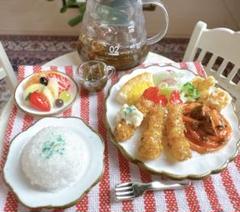 ミニチュアフード　エビフライとナスのミートパスタ　プレート　ランチセット