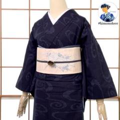 結城紬 着物 正絹 観世水 濃藍 kimono A-2166