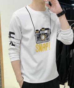 白　メンズ　ロンT　Tシャツ　長袖　柄　カメラ　シンプル　大きい　ゆったり　XL