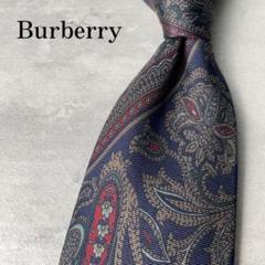 美品 Burberry バーバリー ペイズリー柄 植物 ストライプ ネクタイ 紺